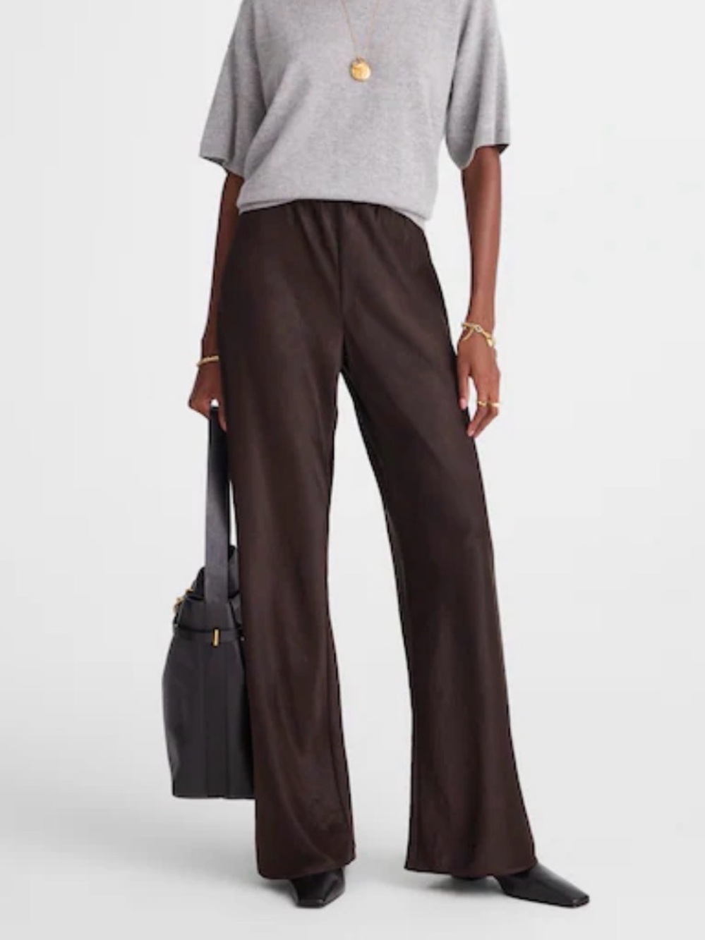 Madewell Dark Brown Satin Wide-Leg Pull-On Pants